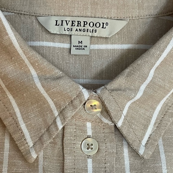 Liverpool Tan and White Stripe Button Down Shirt with Fray Hem 3/4 Sleeve Size 8 - Picture 6 of 9